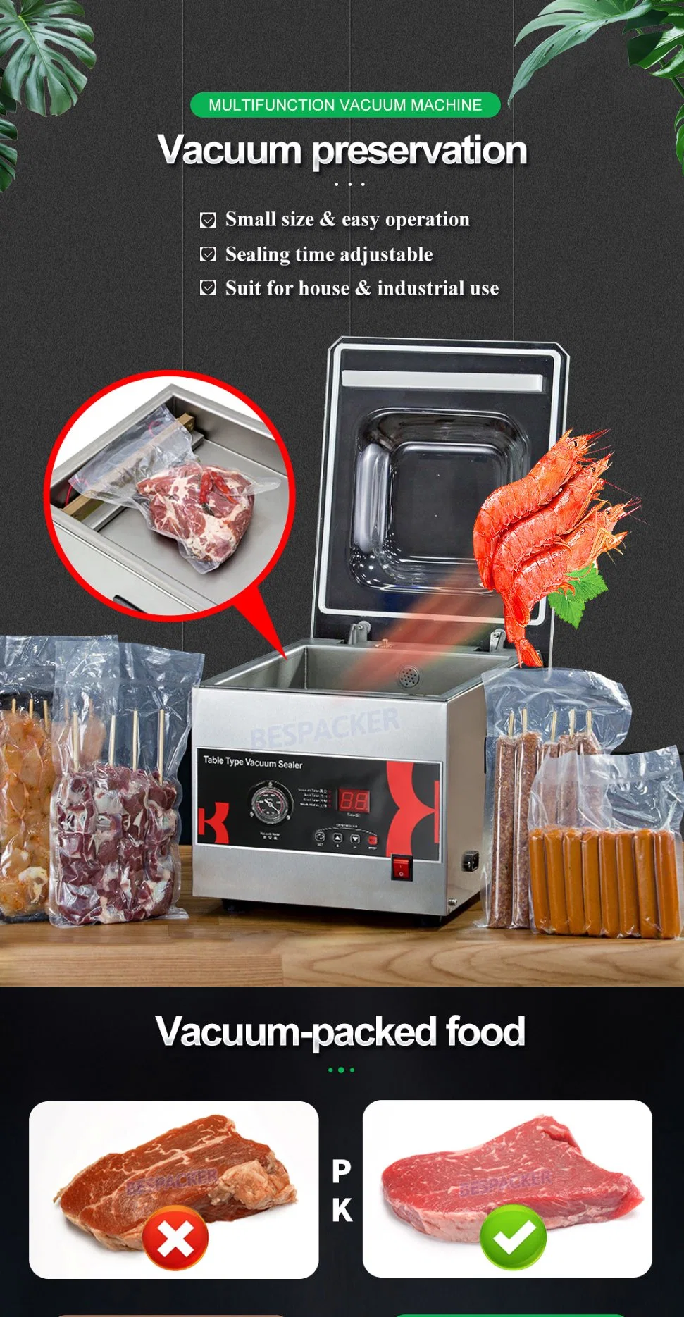 Bespacker DZ-260C automatic table top economy food hamber vacuum sealer machine vacuum sealing packaging packing machine